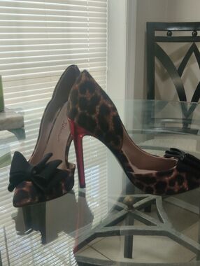 Betsey Johnson Leopard Print Pointed Toe Pumps with Red Stiletto Heel and Bow
